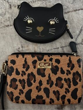 Betsey Johnson Leopard Print Wristlet with Black Cat Coin Purse SET